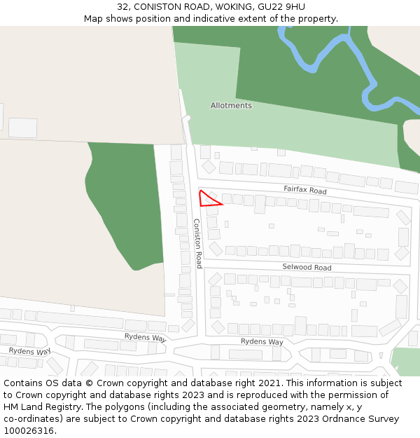 32, CONISTON ROAD, WOKING, GU22 9HU: Location map and indicative extent of plot