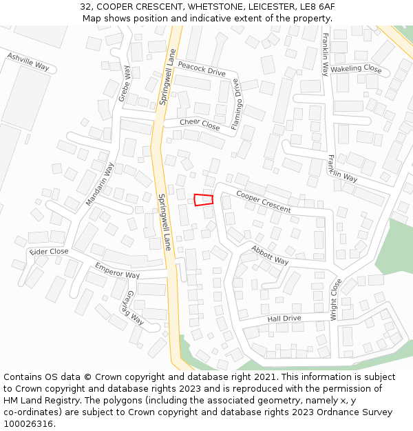 32, COOPER CRESCENT, WHETSTONE, LEICESTER, LE8 6AF: Location map and indicative extent of plot