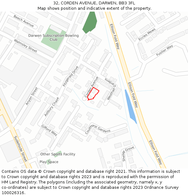 32, CORDEN AVENUE, DARWEN, BB3 3FL: Location map and indicative extent of plot