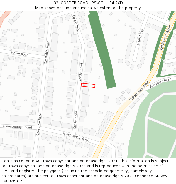 32, CORDER ROAD, IPSWICH, IP4 2XD: Location map and indicative extent of plot