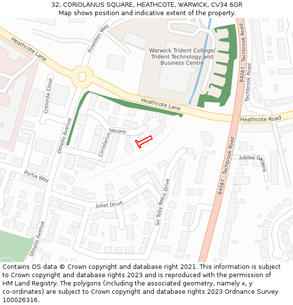32, CORIOLANUS SQUARE, HEATHCOTE, WARWICK, CV34 6GR: Location map and indicative extent of plot