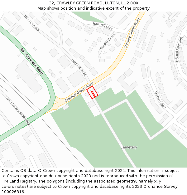 32, CRAWLEY GREEN ROAD, LUTON, LU2 0QX: Location map and indicative extent of plot