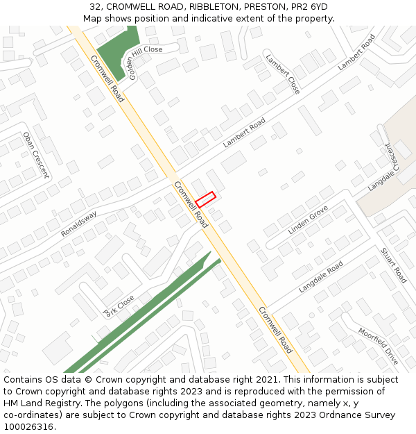 32, CROMWELL ROAD, RIBBLETON, PRESTON, PR2 6YD: Location map and indicative extent of plot
