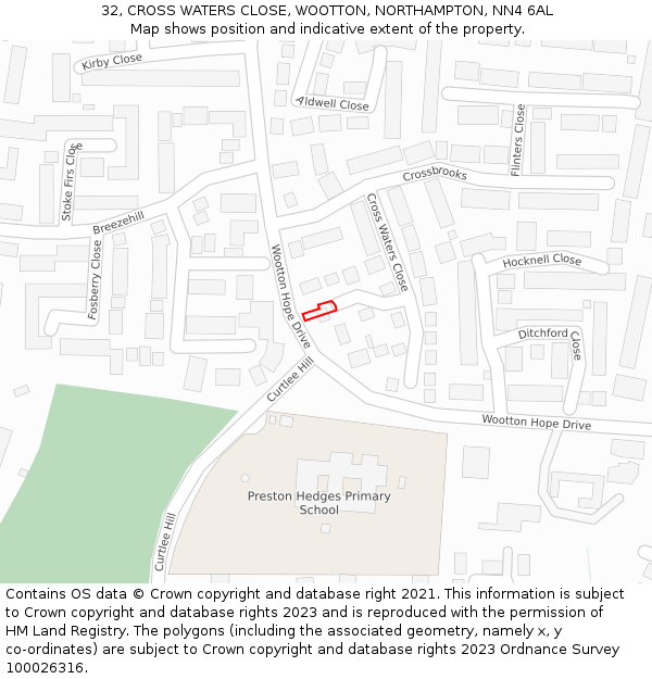 32, CROSS WATERS CLOSE, WOOTTON, NORTHAMPTON, NN4 6AL: Location map and indicative extent of plot