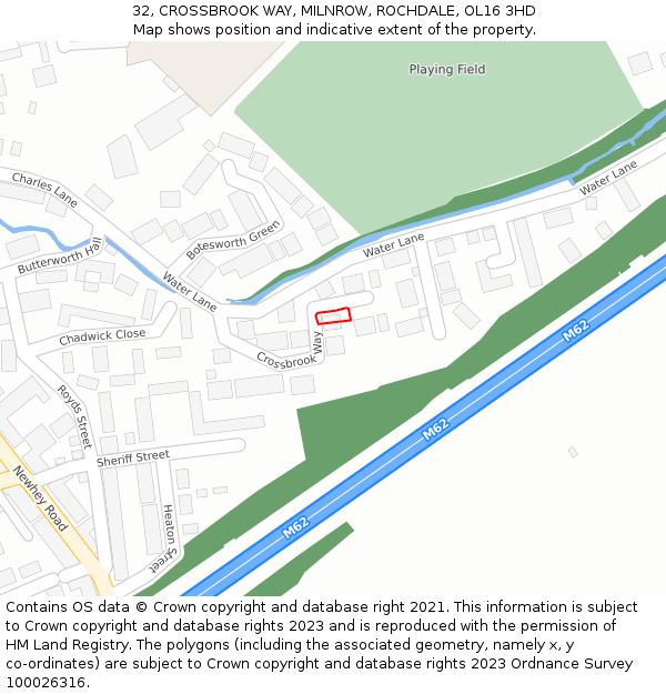 32, CROSSBROOK WAY, MILNROW, ROCHDALE, OL16 3HD: Location map and indicative extent of plot