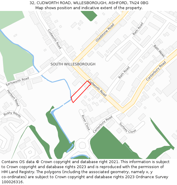 32, CUDWORTH ROAD, WILLESBOROUGH, ASHFORD, TN24 0BG: Location map and indicative extent of plot