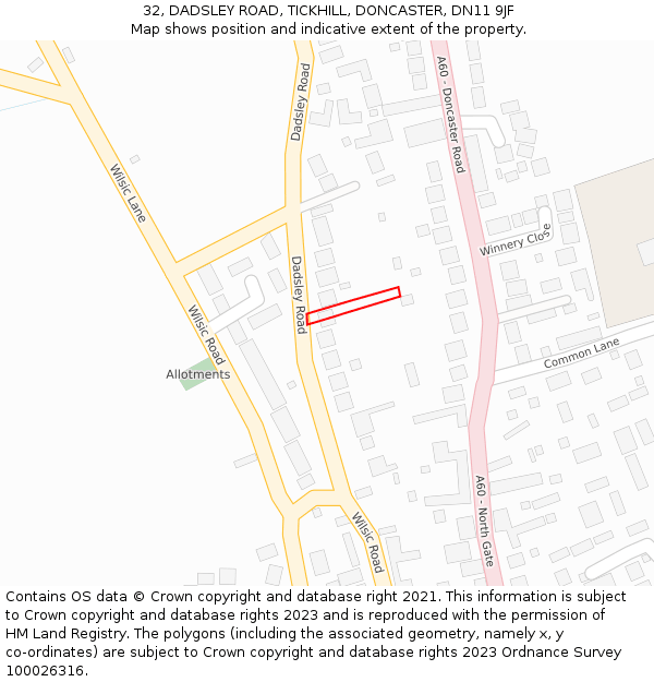 32, DADSLEY ROAD, TICKHILL, DONCASTER, DN11 9JF: Location map and indicative extent of plot