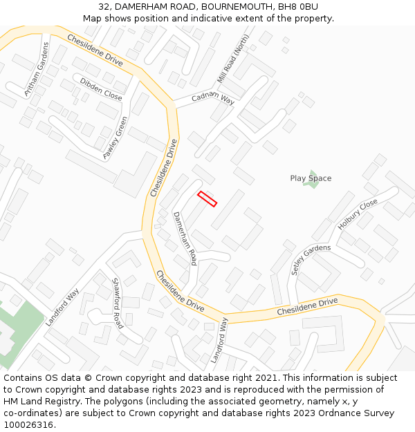 32, DAMERHAM ROAD, BOURNEMOUTH, BH8 0BU: Location map and indicative extent of plot