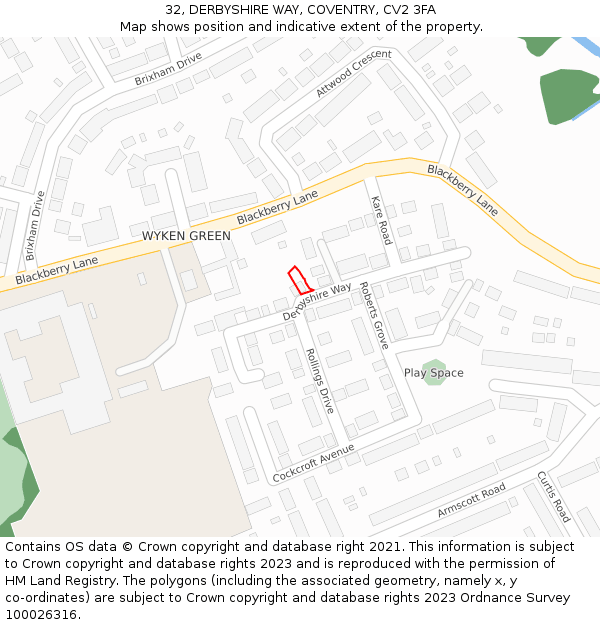 32, DERBYSHIRE WAY, COVENTRY, CV2 3FA: Location map and indicative extent of plot