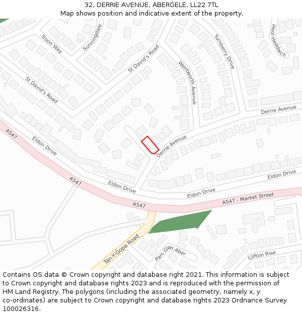 32, DERRIE AVENUE, ABERGELE, LL22 7TL: Location map and indicative extent of plot