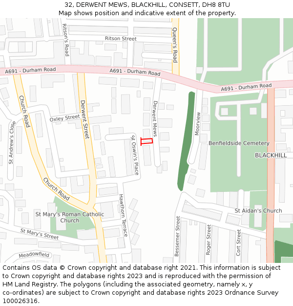 32, DERWENT MEWS, BLACKHILL, CONSETT, DH8 8TU: Location map and indicative extent of plot
