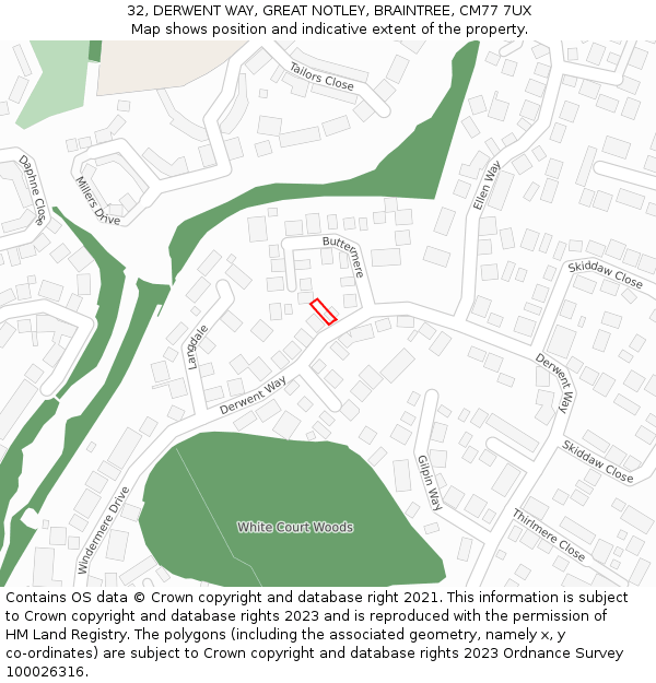 32, DERWENT WAY, GREAT NOTLEY, BRAINTREE, CM77 7UX: Location map and indicative extent of plot
