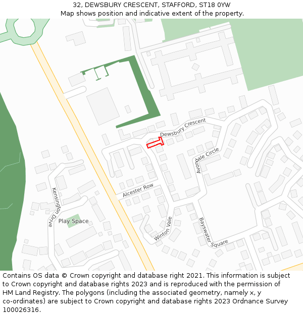 32, DEWSBURY CRESCENT, STAFFORD, ST18 0YW: Location map and indicative extent of plot