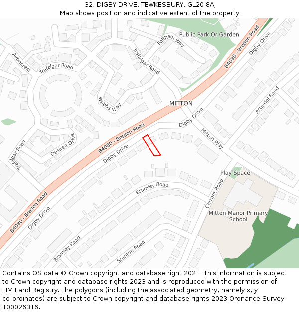 32, DIGBY DRIVE, TEWKESBURY, GL20 8AJ: Location map and indicative extent of plot
