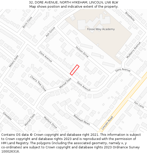 32, DORE AVENUE, NORTH HYKEHAM, LINCOLN, LN6 8LW: Location map and indicative extent of plot