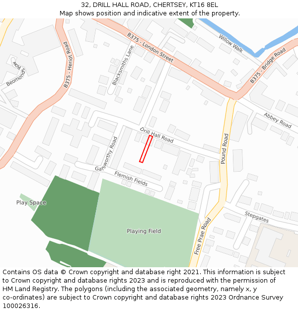 32, DRILL HALL ROAD, CHERTSEY, KT16 8EL: Location map and indicative extent of plot
