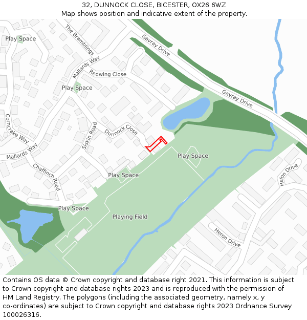 32, DUNNOCK CLOSE, BICESTER, OX26 6WZ: Location map and indicative extent of plot