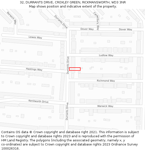 32, DURRANTS DRIVE, CROXLEY GREEN, RICKMANSWORTH, WD3 3NR: Location map and indicative extent of plot