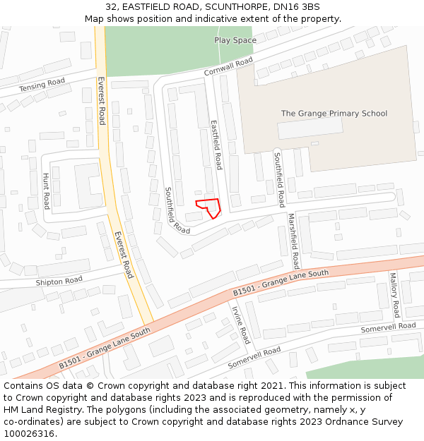 32, EASTFIELD ROAD, SCUNTHORPE, DN16 3BS: Location map and indicative extent of plot