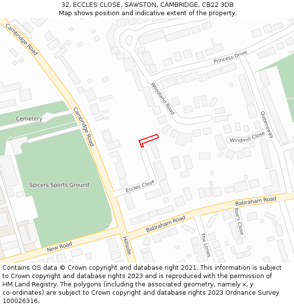 32, ECCLES CLOSE, SAWSTON, CAMBRIDGE, CB22 3DB: Location map and indicative extent of plot