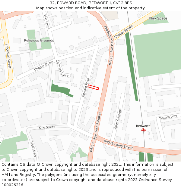 32, EDWARD ROAD, BEDWORTH, CV12 8PS: Location map and indicative extent of plot