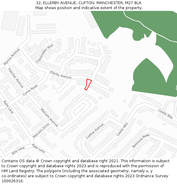 32, ELLERBY AVENUE, CLIFTON, MANCHESTER, M27 8LA: Location map and indicative extent of plot