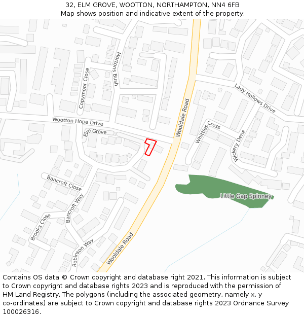 32, ELM GROVE, WOOTTON, NORTHAMPTON, NN4 6FB: Location map and indicative extent of plot
