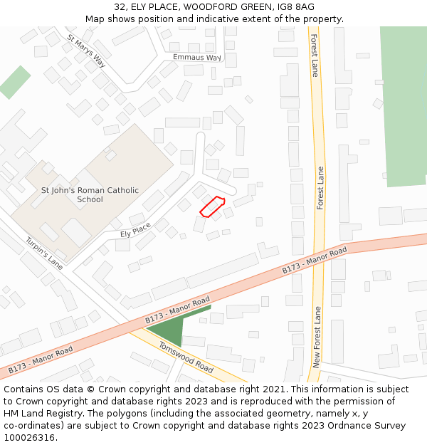 32, ELY PLACE, WOODFORD GREEN, IG8 8AG: Location map and indicative extent of plot