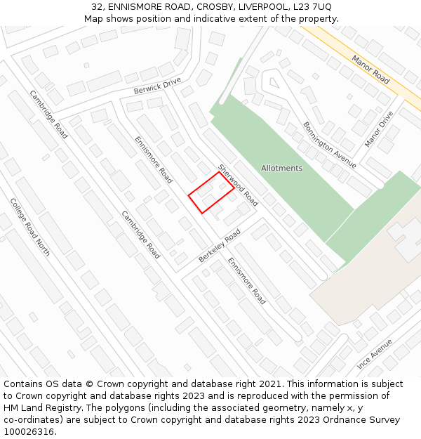 32, ENNISMORE ROAD, CROSBY, LIVERPOOL, L23 7UQ: Location map and indicative extent of plot
