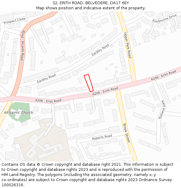 32, ERITH ROAD, BELVEDERE, DA17 6EY: Location map and indicative extent of plot