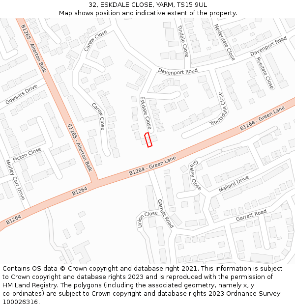 32, ESKDALE CLOSE, YARM, TS15 9UL: Location map and indicative extent of plot