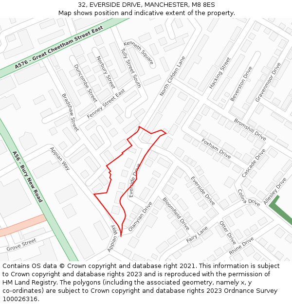32, EVERSIDE DRIVE, MANCHESTER, M8 8ES: Location map and indicative extent of plot