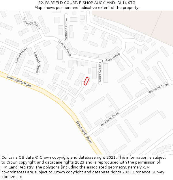 32, FAIRFIELD COURT, BISHOP AUCKLAND, DL14 9TG: Location map and indicative extent of plot