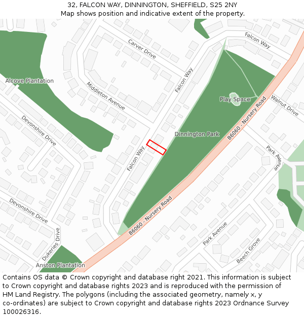 32, FALCON WAY, DINNINGTON, SHEFFIELD, S25 2NY: Location map and indicative extent of plot