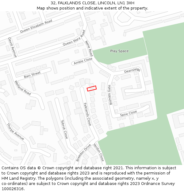 32, FALKLANDS CLOSE, LINCOLN, LN1 3XH: Location map and indicative extent of plot