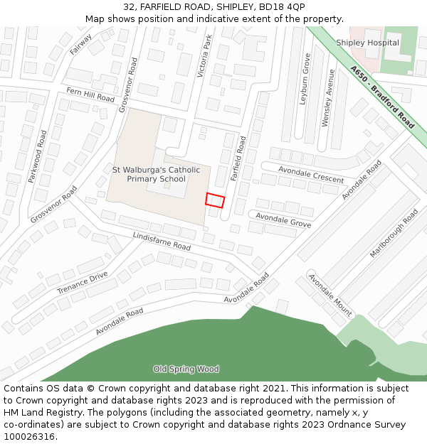 32, FARFIELD ROAD, SHIPLEY, BD18 4QP: Location map and indicative extent of plot