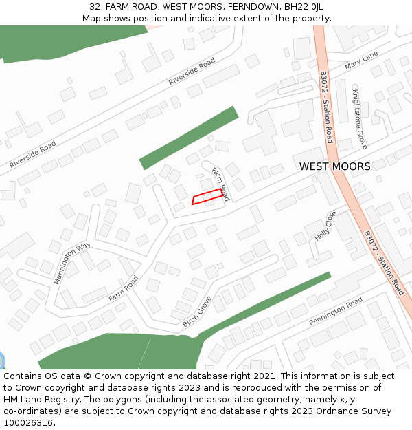 32, FARM ROAD, WEST MOORS, FERNDOWN, BH22 0JL: Location map and indicative extent of plot