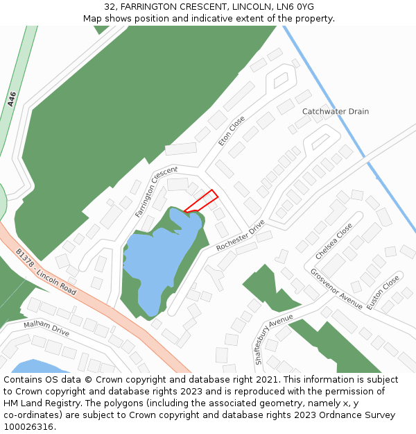 32, FARRINGTON CRESCENT, LINCOLN, LN6 0YG: Location map and indicative extent of plot