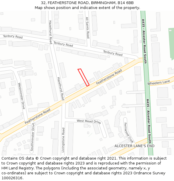 32, FEATHERSTONE ROAD, BIRMINGHAM, B14 6BB: Location map and indicative extent of plot