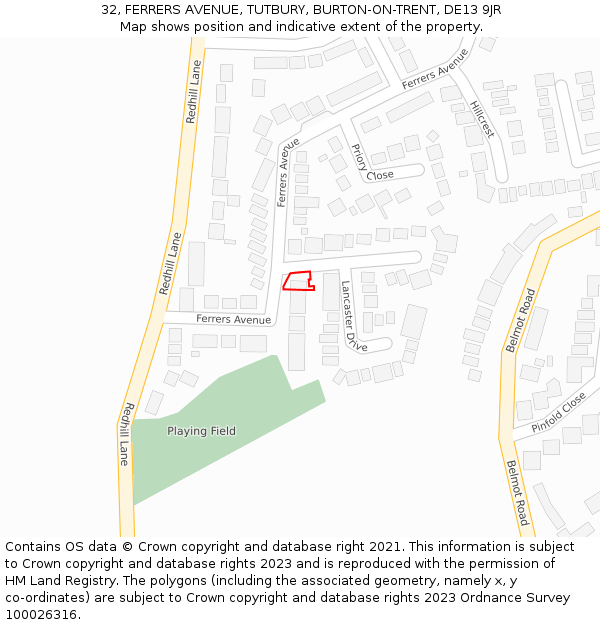 32, FERRERS AVENUE, TUTBURY, BURTON-ON-TRENT, DE13 9JR: Location map and indicative extent of plot