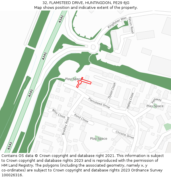 32, FLAMSTEED DRIVE, HUNTINGDON, PE29 6JG: Location map and indicative extent of plot