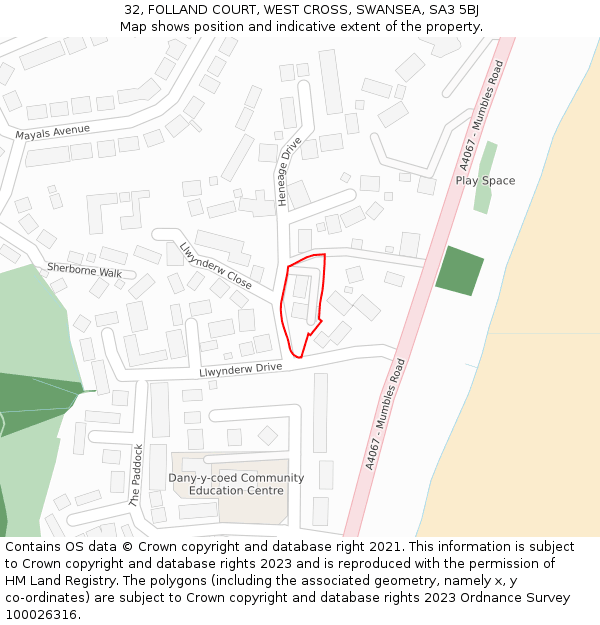32, FOLLAND COURT, WEST CROSS, SWANSEA, SA3 5BJ: Location map and indicative extent of plot