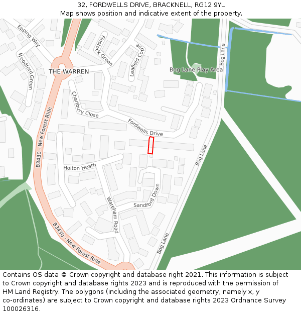 32, FORDWELLS DRIVE, BRACKNELL, RG12 9YL: Location map and indicative extent of plot