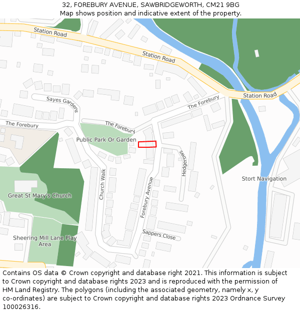 32, FOREBURY AVENUE, SAWBRIDGEWORTH, CM21 9BG: Location map and indicative extent of plot