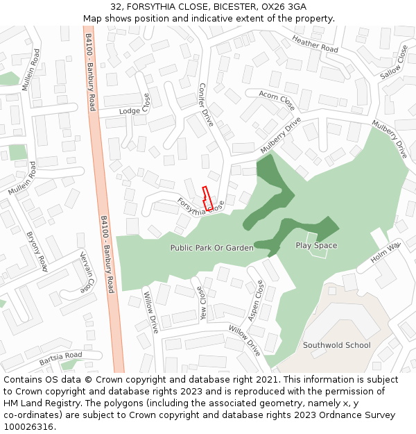 32, FORSYTHIA CLOSE, BICESTER, OX26 3GA: Location map and indicative extent of plot