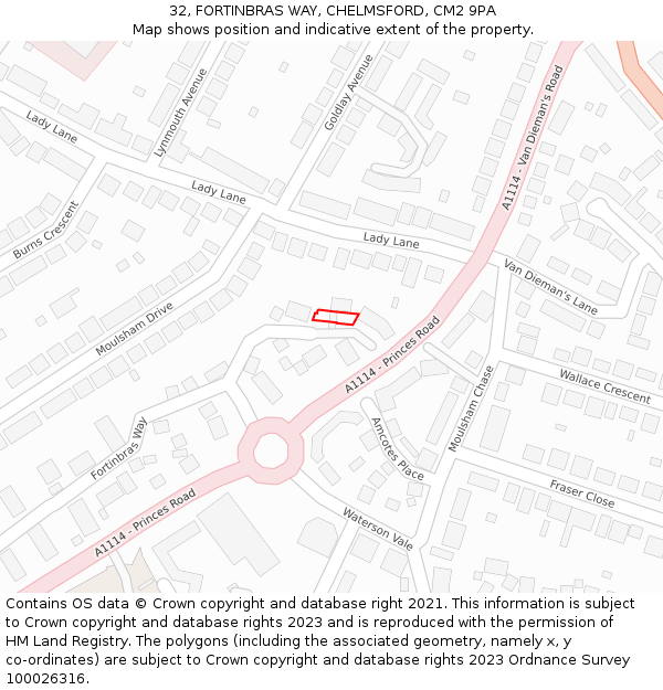 32, FORTINBRAS WAY, CHELMSFORD, CM2 9PA: Location map and indicative extent of plot