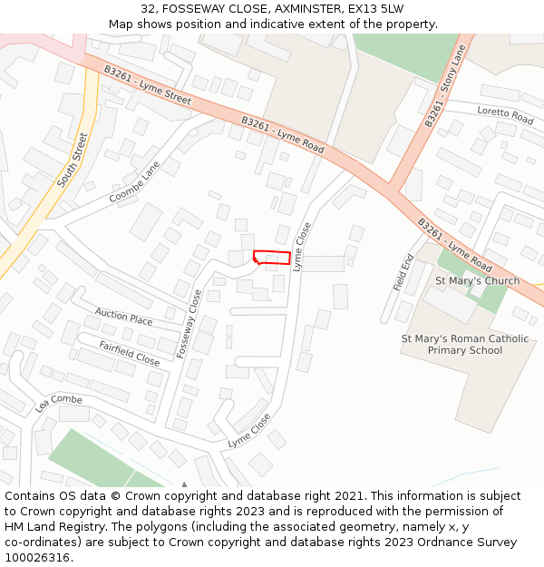 32, FOSSEWAY CLOSE, AXMINSTER, EX13 5LW: Location map and indicative extent of plot