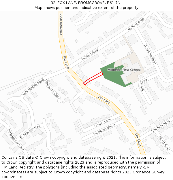 32, FOX LANE, BROMSGROVE, B61 7NL: Location map and indicative extent of plot