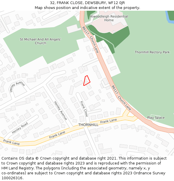 32, FRANK CLOSE, DEWSBURY, WF12 0JR: Location map and indicative extent of plot