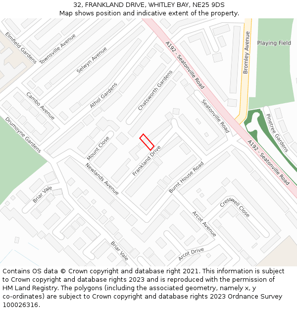 32, FRANKLAND DRIVE, WHITLEY BAY, NE25 9DS: Location map and indicative extent of plot